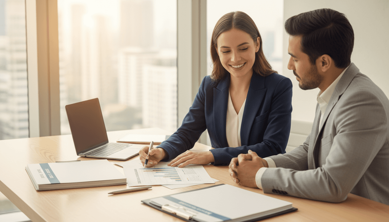 Financial advisor reviewing retirement plan documents with client