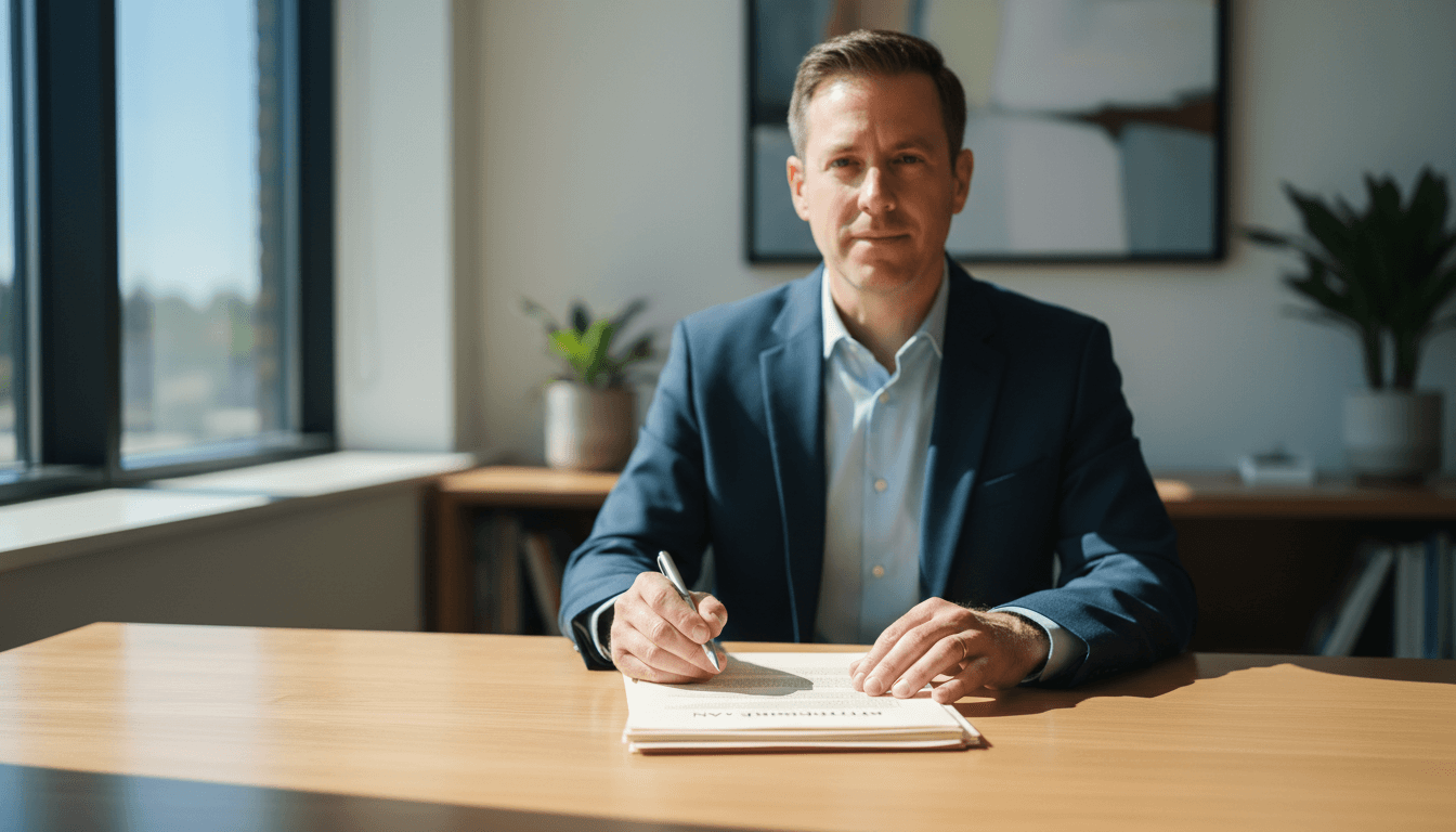 Financial advisor reviewing 401(k) plan documents with focused attention