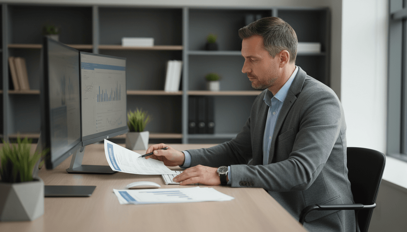 Financial advisor reviewing 401(k) plan documents at desk with dual monitors