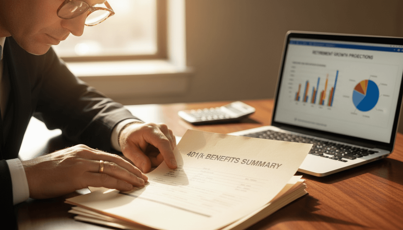 Financial advisor reviewing 401(k) plan documents at desk