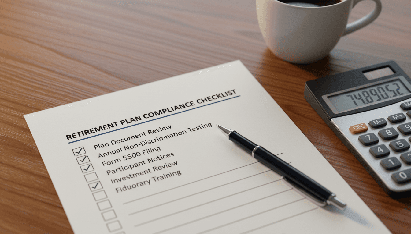 Close-up of retirement plan documents, calculator, and compliance checklist